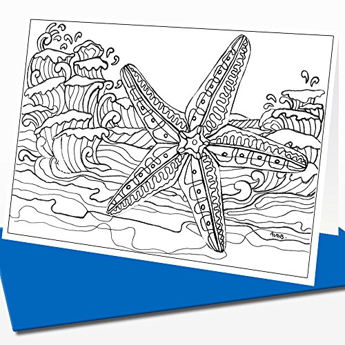 Beach and Sea Greeting Note Cards to Colour for Adults and Children | 12 Birthday or Thank You Cards | Blue Envelopes Included - Thumbnail 5
