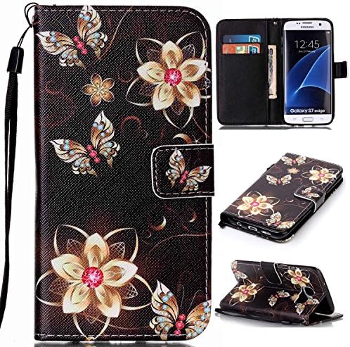 Galaxy S7 Edge Wallet Case iBerry Premium PU Leather Flip Samsung S 7 Edge Cover with [Card Slots] [Kickstand] and [Wrist Strap] Feature for Samsung Galaxy S7 Edge, Gold Butterflies and Flower
