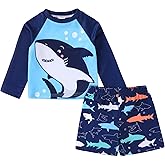 Happy Town Toddler Boys Swimsuits Trunk Rashguard Long Sleeve Swim Shirt Two Pieces Bathing Suits Surfing Suit Swimwear Beach Summer Outfits Clothes(Cute Shark,4-5T)