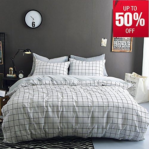 Vougemarket Plaid Flannel Velvet Duvet Cover Set,with 100% Cotton on Plaid Side + Flannel Solid Color on Bottom Side,3 Pieces White Grid Winter Warm Bedding Set-King,Cold Ash
