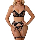 Parthenope Sexy Lingerie for Women Lace Bra and Panty Set with Underwire Lingerie, Black