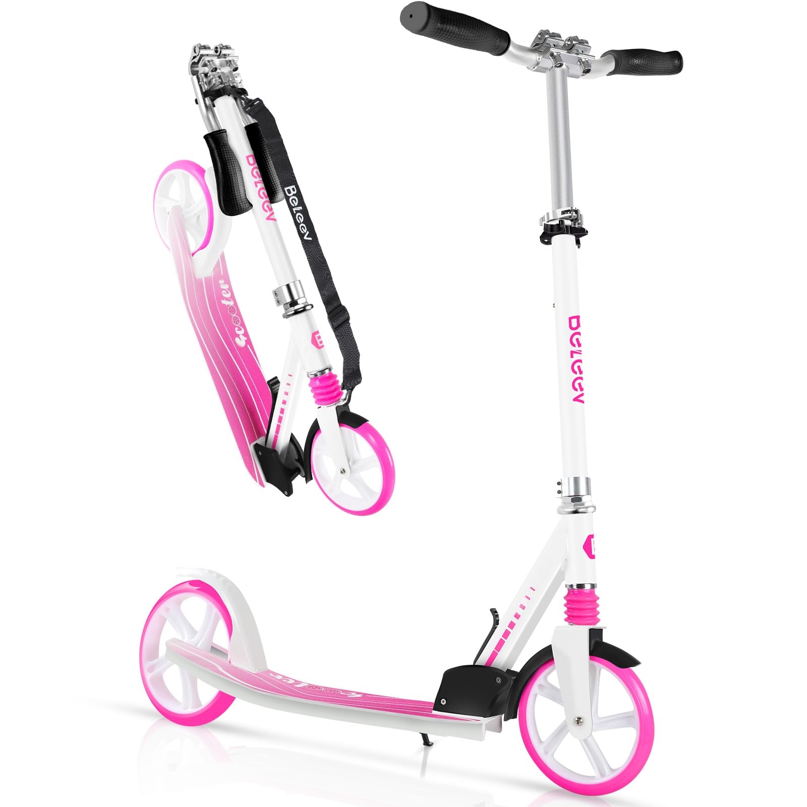 BELEEV Scooter for Kids Ages 6+, 200mm Big Wheel adult Scooters for Boys and Girls, 4 Adjustable Handlebar, Front Suspension, 2 Wheels Scooter with Carry Strap, up to 102Kg