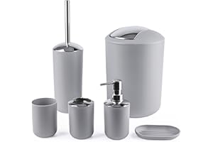 Papillon Bathroom Accessories - 6 Piece Plastic Gift Toothbrush Holder,Toothbrush Cup,Soap Dispenser & Dish,Toilet Brush Holder,Trash Can,Tumbler Straw Set (Gray)