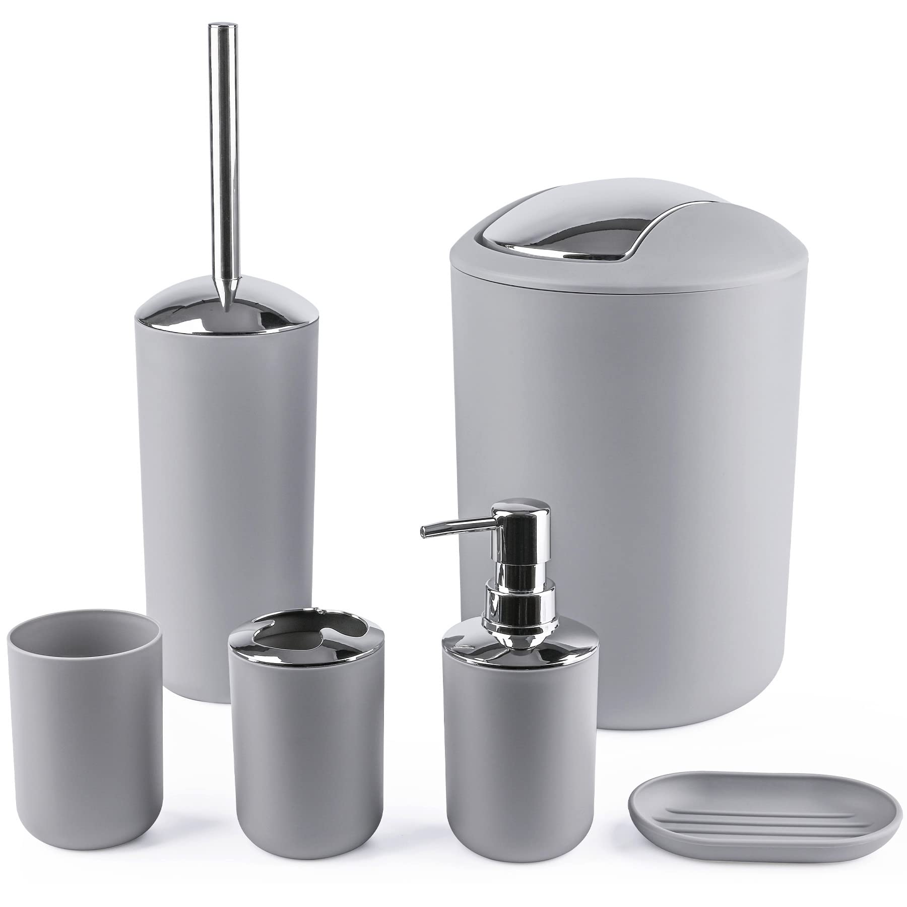 Photo 1 of Papillon Bathroom Accessories - 6 Piece Plastic Gift Toothbrush Holder,Toothbrush Cup,Soap Dispenser & Dish,Toilet Brush Holder,Trash Can,Tumbler Straw Set (Gray)