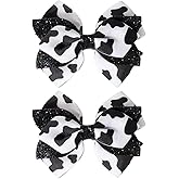 2Pcs Cow Print Hair Bow Clips - Black White Glitter Handmade Satin Bowknot Cute Alligator Hair Barrettes New Year Party Hair Accessories for Toddler Teen Girls Kids (Black White-Cow)