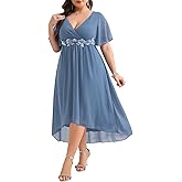 TALISEA Plus Size Dresses Wedding Guest - Formal Cocktail Chiffon Appliques V Neck Ruffle Short Sleeve High Low Dress Women