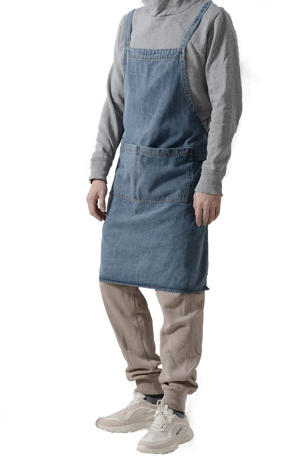 Pincy Denim Apron Cross Back, Unisex Adjustable Bib Apron with Pockets for Cooking Kitchen (Blue)