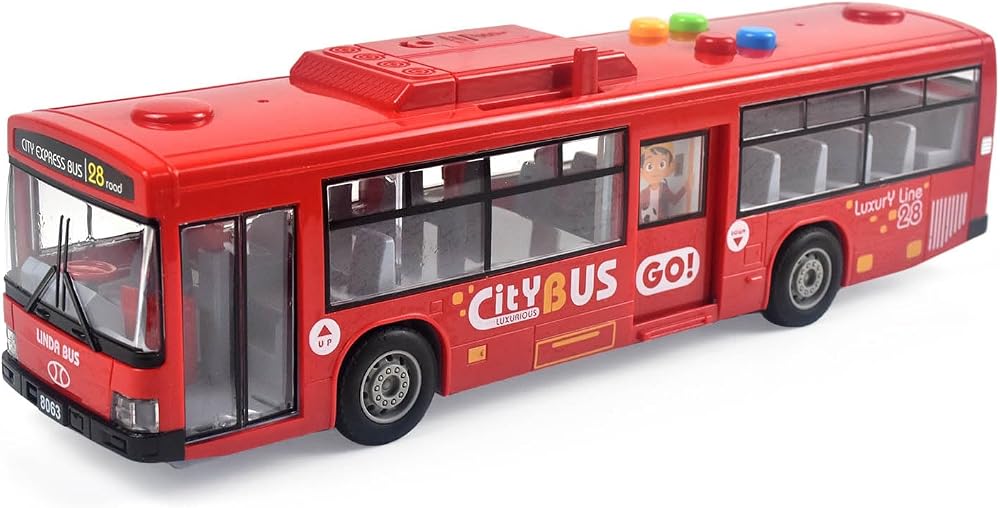 Cemirk Red Bus Toy with Lights Sounds Friction Powered Realistic Doors
