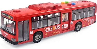 Cemirk Red Bus Toy with Lights Sounds Friction Powered Realistic Doors