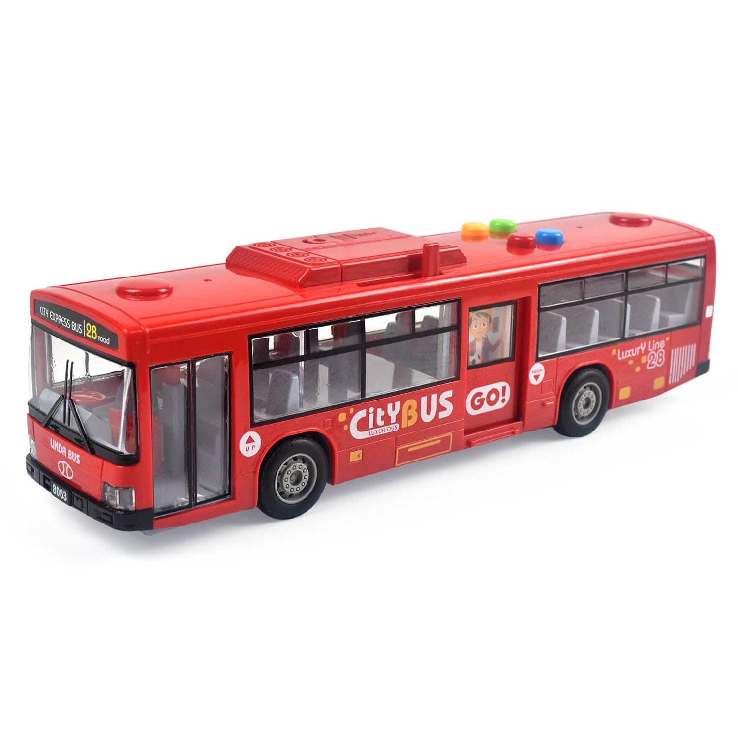 Cemirk Bus Toy for Boys and Girls - with Lights and Sounds, Realistic Tires, Simulated Functional Doors, Friction-Powered Movement, Red