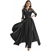 Ziquafex Pantsuit Lace Mother of The Bride Dresses Shirt Collar 3/4 Length Sleeves Floor Length Satin Overskirts Formal Dress