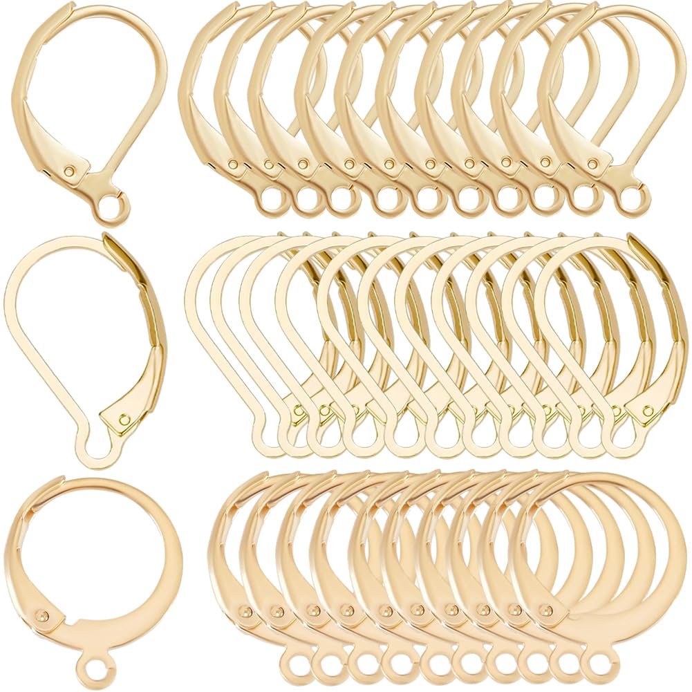 SUNNYCLUE 1 Box 60Pcs 3 Styles Real 24K Gold Plated Earring Hooks Stainless Steel Leverback Earrings French Ear Wire Round Lever Back Earwires Findings for Jewellery Making Earring Supplies DIY Crafts