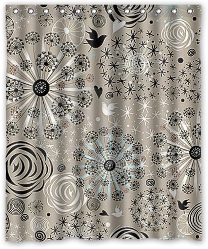 Shoppemarte Shower Curtain 60 by 72-Inch Black And White Dandelion Flower Bird Simple Modern Damask Design