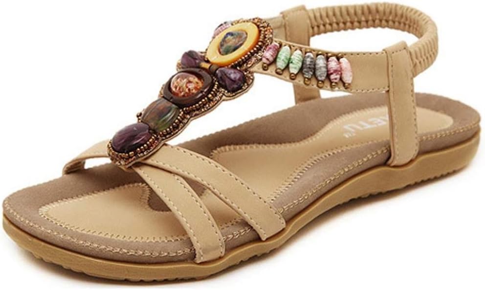 FEITONG Women's Fashion Sweet Beaded Clip Toe Flats Bohemian Herringbone Sandals