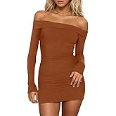 HYPERFIRE Women's Sexy Elegant Off The Shoulder Ribbed Long Sleeve Dress Party Mini Dresses