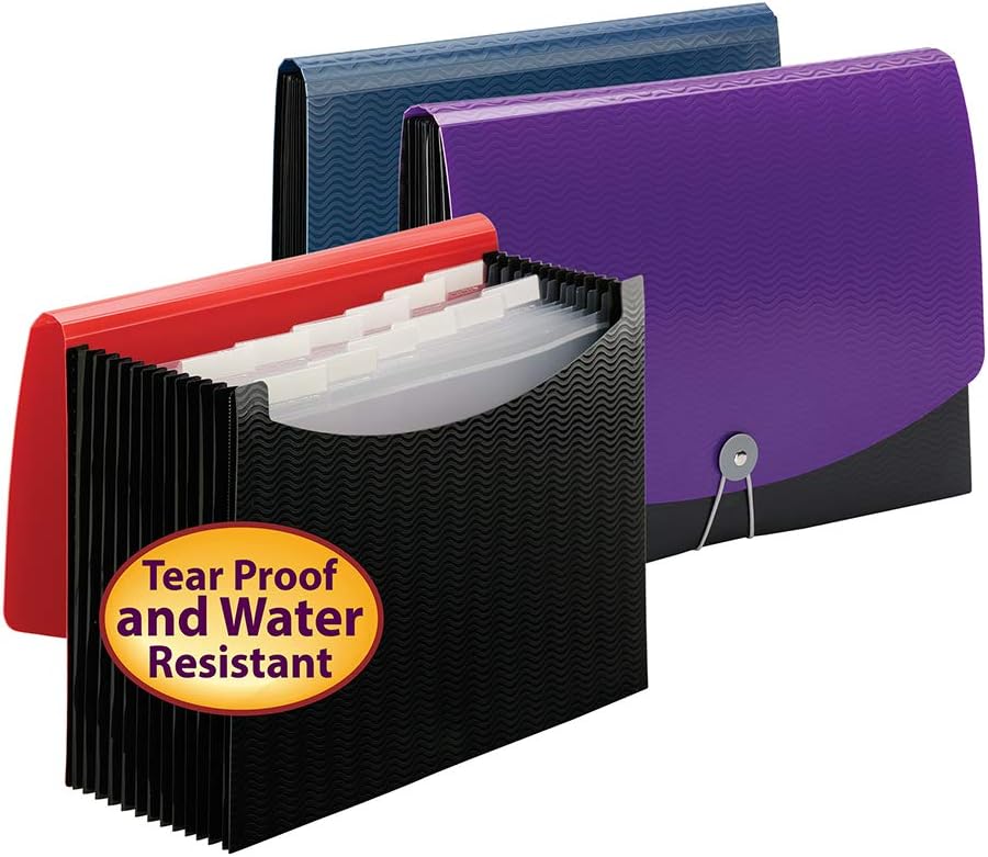 Smead Poly Expanding File Folder, 12 Pockets, 12 Customizable Tiered Tabs, Flap and Cord Closure, Letter Size, Wave Pattern Blue/Black (70863) : Expanding File Jackets And Pockets : Office Products