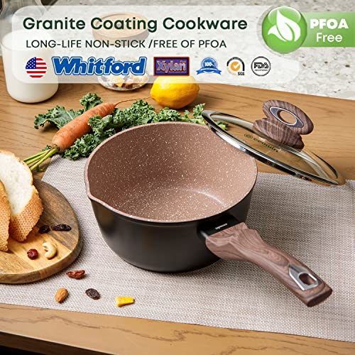 Ecowin 3 Quart Saucepan with Lid, Small Sauce Pot Nonstick Granite