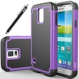 E LV SAMs5-001hyb Hybrid Dual Layer Armor Defender Case for Galaxy S5, Galaxy i9600 with Black Stylus and Microfiber Sticker Digital Cleaner - Purple
