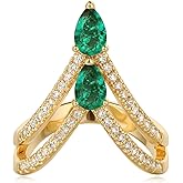 VACRONA Gold Simulated Emerald Ring for Women 14K Gold Plated CZ Emerald Teardrop Floral Minimalist Stack Finger Band Hypoallergenic Jewelry Size 6-8
