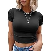 Allimy Womens Summer Short Sleeve Slim Fitted Tshirt Round Neck Ribbed Crop Tops