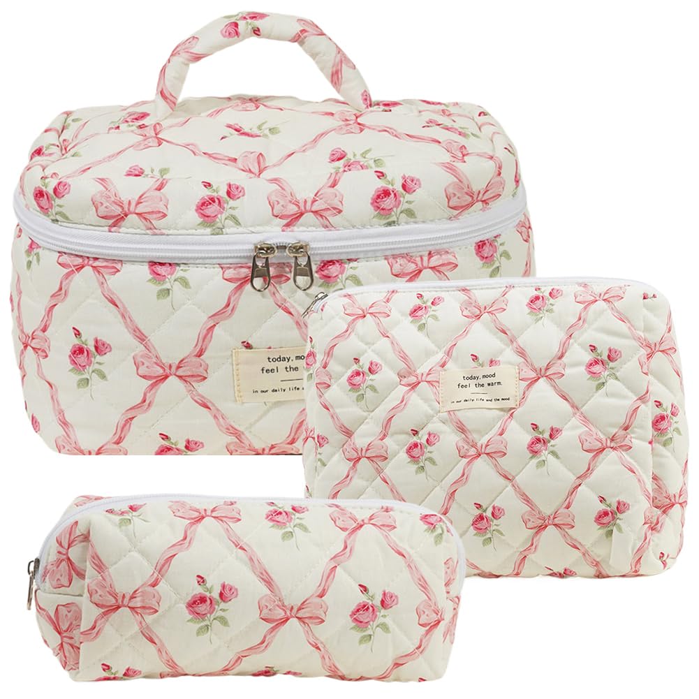 CHAMAIR 3Pcs Coquette Makeup Bag - Quilted Cosmetic Bag Large Make Up Bag Set Aesthetic Floral Toiletry Bag Cotton Travel Skincare Bag for Women Ladies Girls (Style B97)