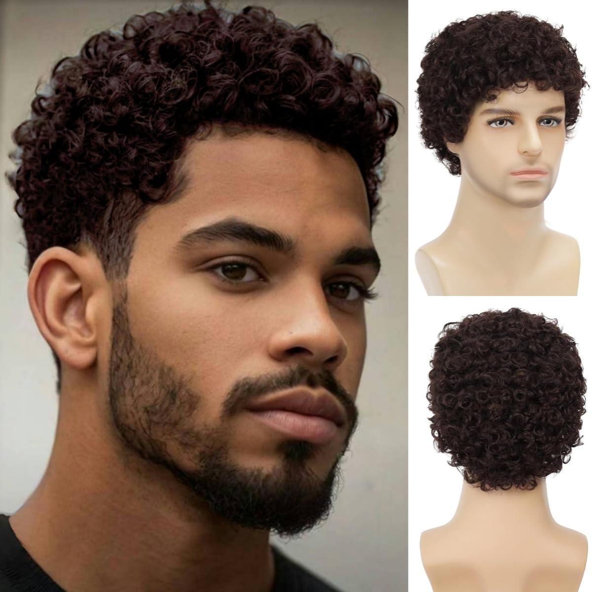 Photo 1 of Daiaces Afro Curly Dark Brown Wig for Men Short Synthetic Halloween Cosplay Costume Replacement Hair Wigs