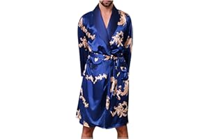 JMLPxx Men's Satin Kimono Robe Long Sleeve Silk Bathrobe Dragon Pattern Pajamas Lace Up Sleepwear with Pockets