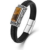 Wisbal Men's Leather Vintage Turquoise & Tiger Eye Bracelet Stainless Steel Biker Jewelry for Him