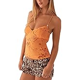 Women Y2k Floral Sheer Tank Tops Mesh Spaghetti Strap Backless Crop Shirts Vintage V Neck Ruffle Going Out Cami Top