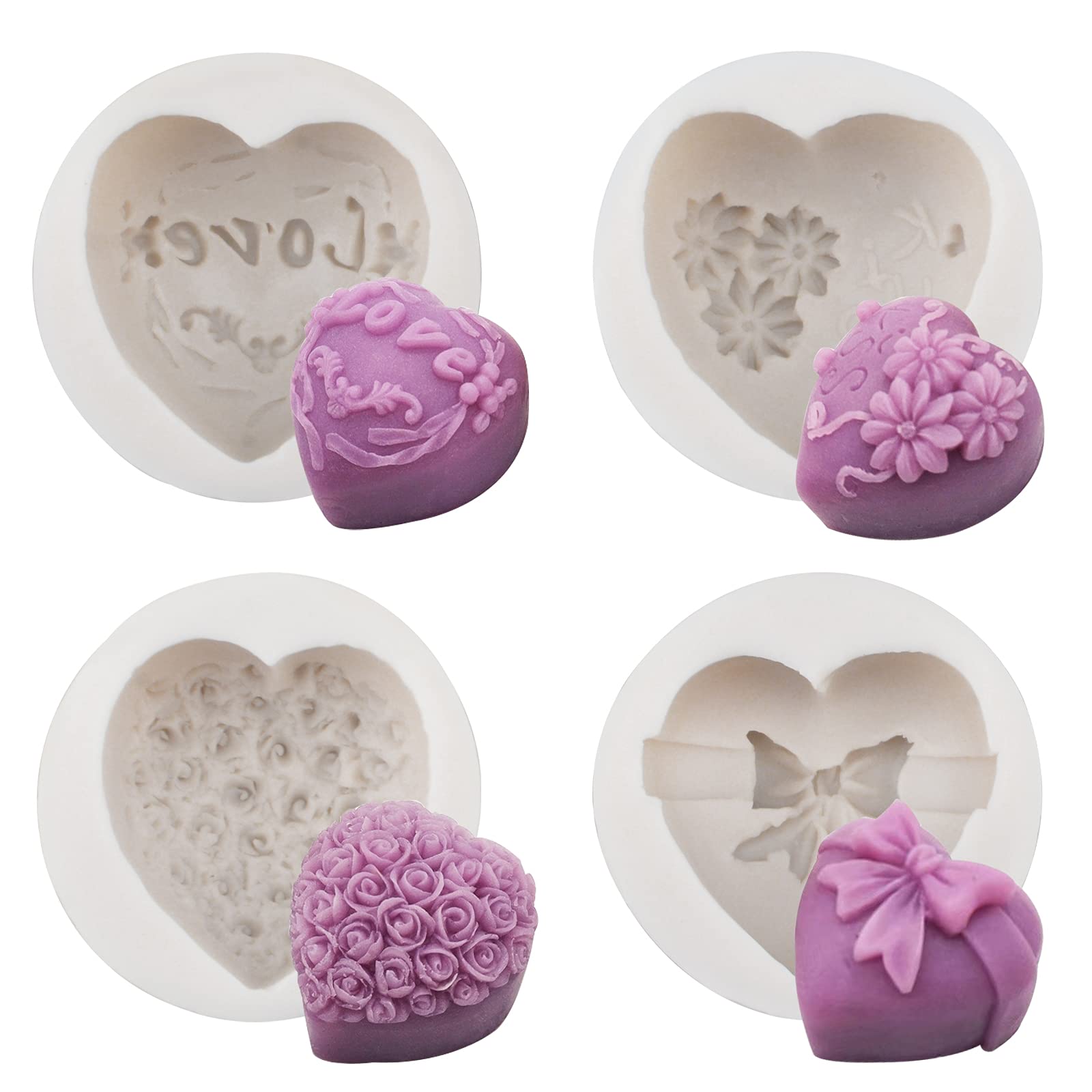 WANDIC 4 Pcs Silicone Heart Flower Mold, 3D Heart Shape Mold Flower Silicone Mold for DIY Craft Cake Fondant Art Work Making Soap Aromatherapy Making