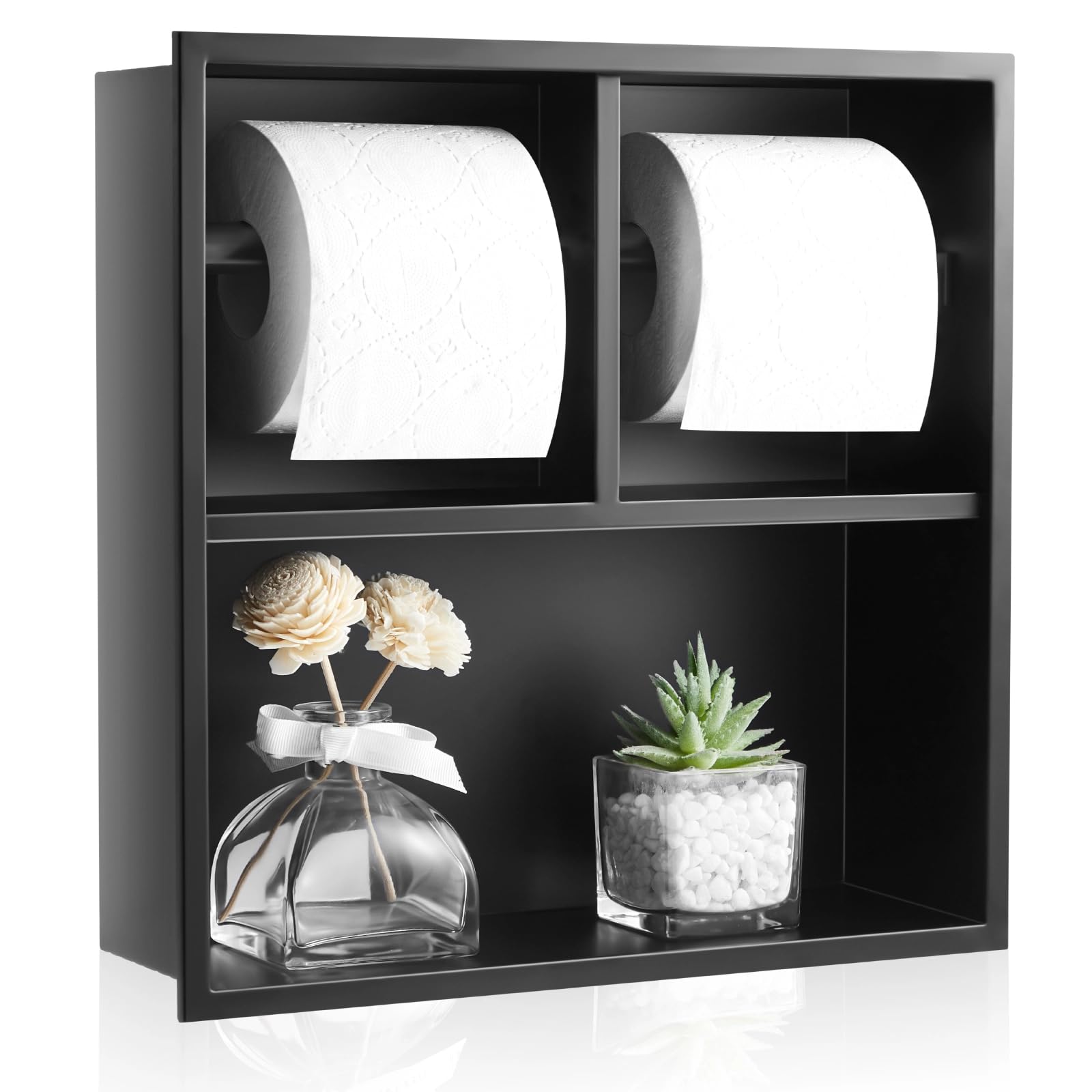 Photo 1 of Maxdot Recessed Dual Toilet Roll Holder, Matte Black in Wall Toilet Paper Holder with Storage, Bathroom Wall Niche Shelf, 304 Stainless Steel, Brushed Nickel