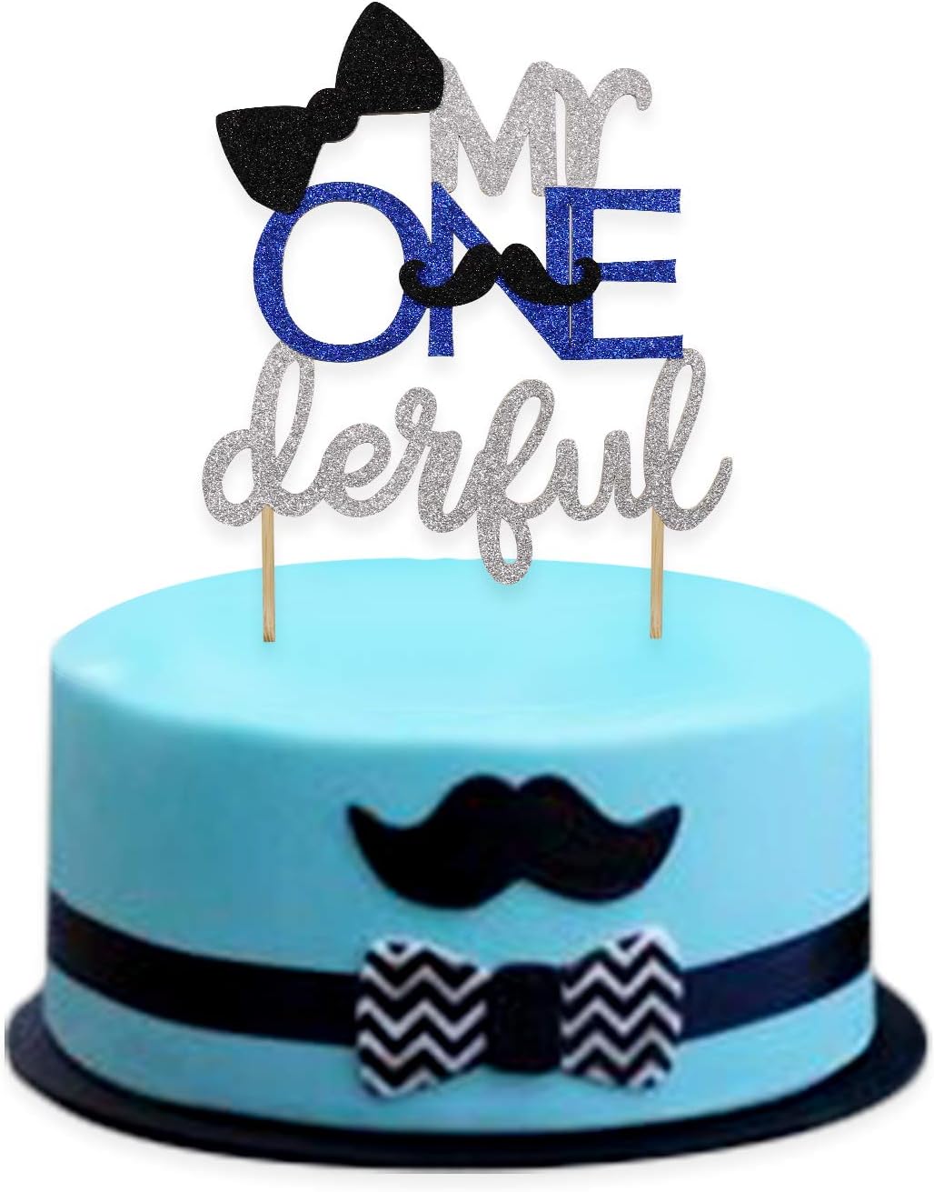 1st First Birthday Cake Topper Decoration - Mr ONEderful -Double Sided Glitter (Silver)