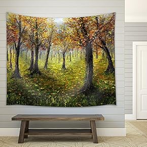 Original Oil Painting Showing Beautiful Autumn Forest on Canvas. Modern Impressionism - Fabric Wall Tapestry Home Decor - 51x60 inches