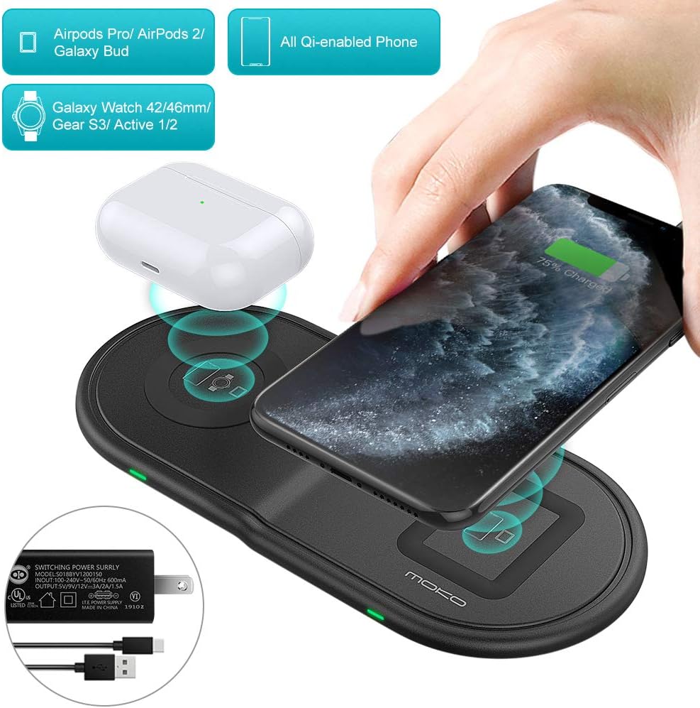Amazon Com Moko Wireless Charger Duo Pad Dual Qi 10w Fast Charging Dock Station Compatible Samsung Galaxy 42 46mm Galaxy Watch Active 1 2 S20 S10 Iphone 11 Airpods Pro Galaxy Buds Qi Phones With Qc Adapter Electronics