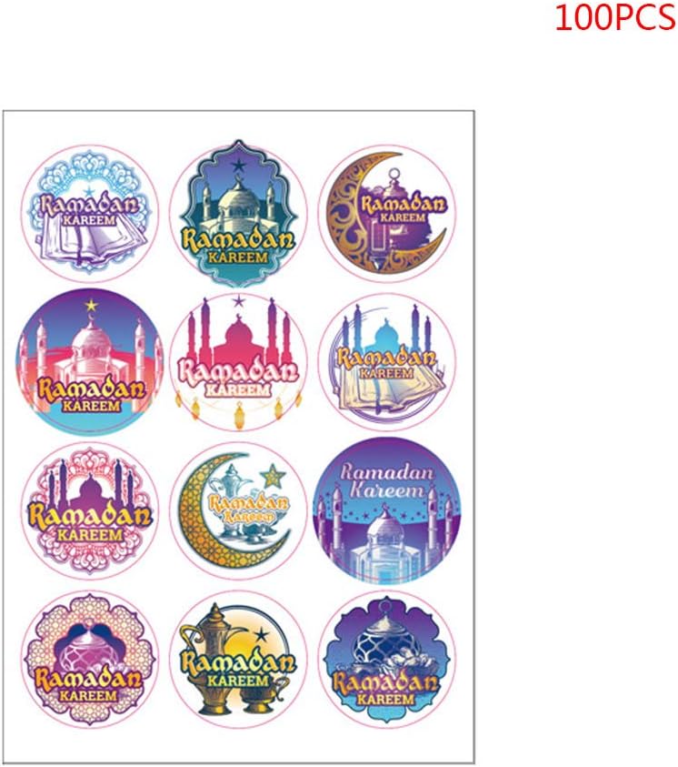 cici store 100 Sheets Ramadan/EID Mubarak Stickers,Round Label Paper Bag Seal Sticker for Party Gift Box