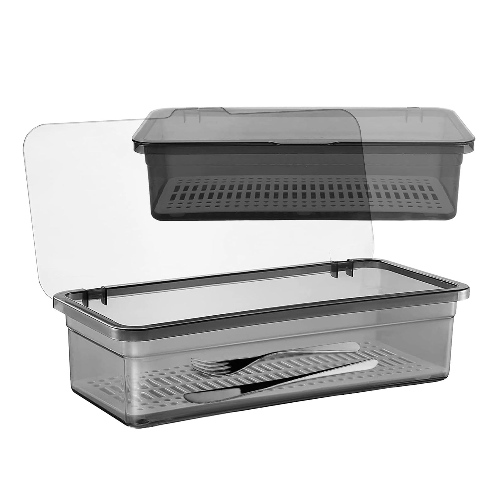 Photo 1 of SUNSHNO 2PCS Flatware Tray with Lid and Drainer, Tableware Utensil and Cutlery Drawer Organizer with Lid Covered Silverware Tray to Keeps Your Cutlery Organized and Protected