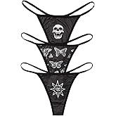 WDIRARA Women's 3 Piece Skull Butterfly Sun Print G String Thong Low Rise Sexy Panties