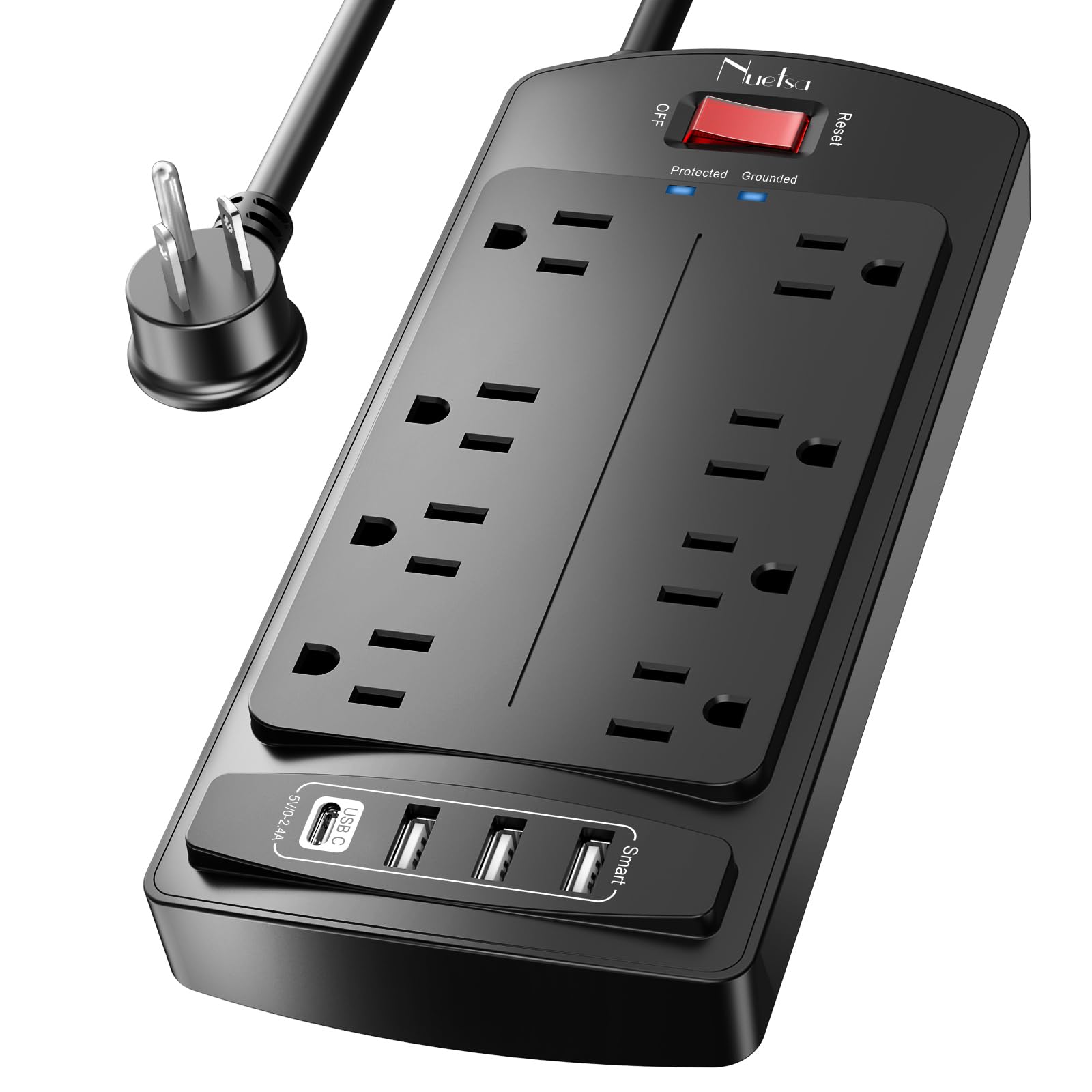 Photo 1 of 10 Feet Surge Protector Power Strip - Nuetsa Extension Cord(1625W/13A) with 8 Outlets and 4 USB Ports, Flat Plug, 2700 Joules, for Home, School, College Dorm Room, and Office, ETL Listed, Black