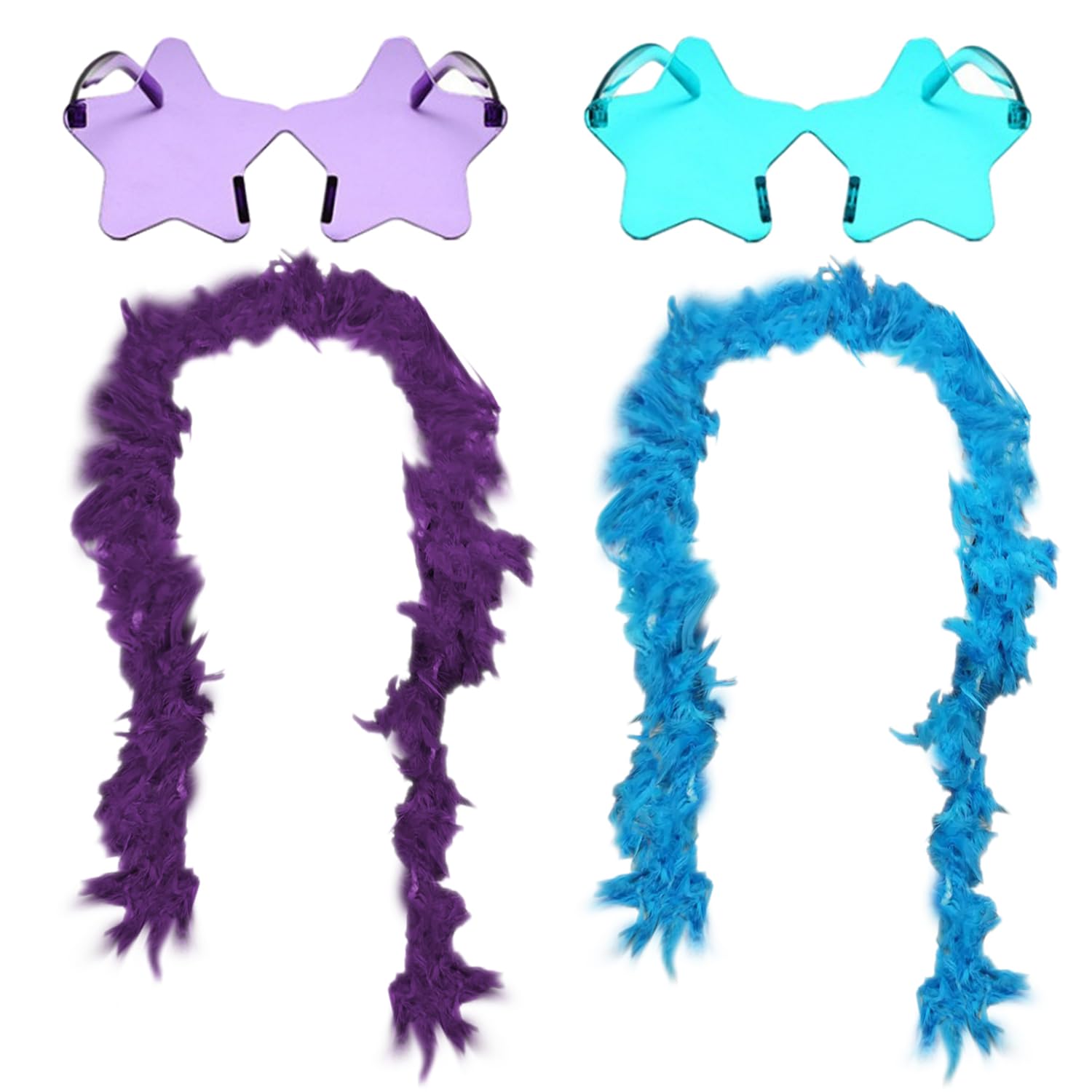 2PCS 2m Feather Boa Decoration, 2PCS Star Glasses, Colorful Feather Boa, Turkey Feather, Decoration Accessories Supplies, Suitable for Wedding Celebration, Rave Party, Cosplay (Purple, Blue)