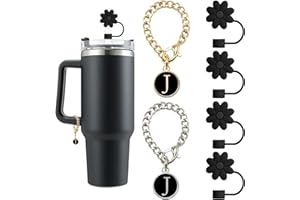 SpexArt (4+2) 4PCS Flower Straw Covers Toppers for Stanley Cups 30&40 Oz Tumbler Silicone Straw Caps Tips with 2PCS Initial Letter Charms Personalized Stanley Tumblers Accessories(Black+Letter J)