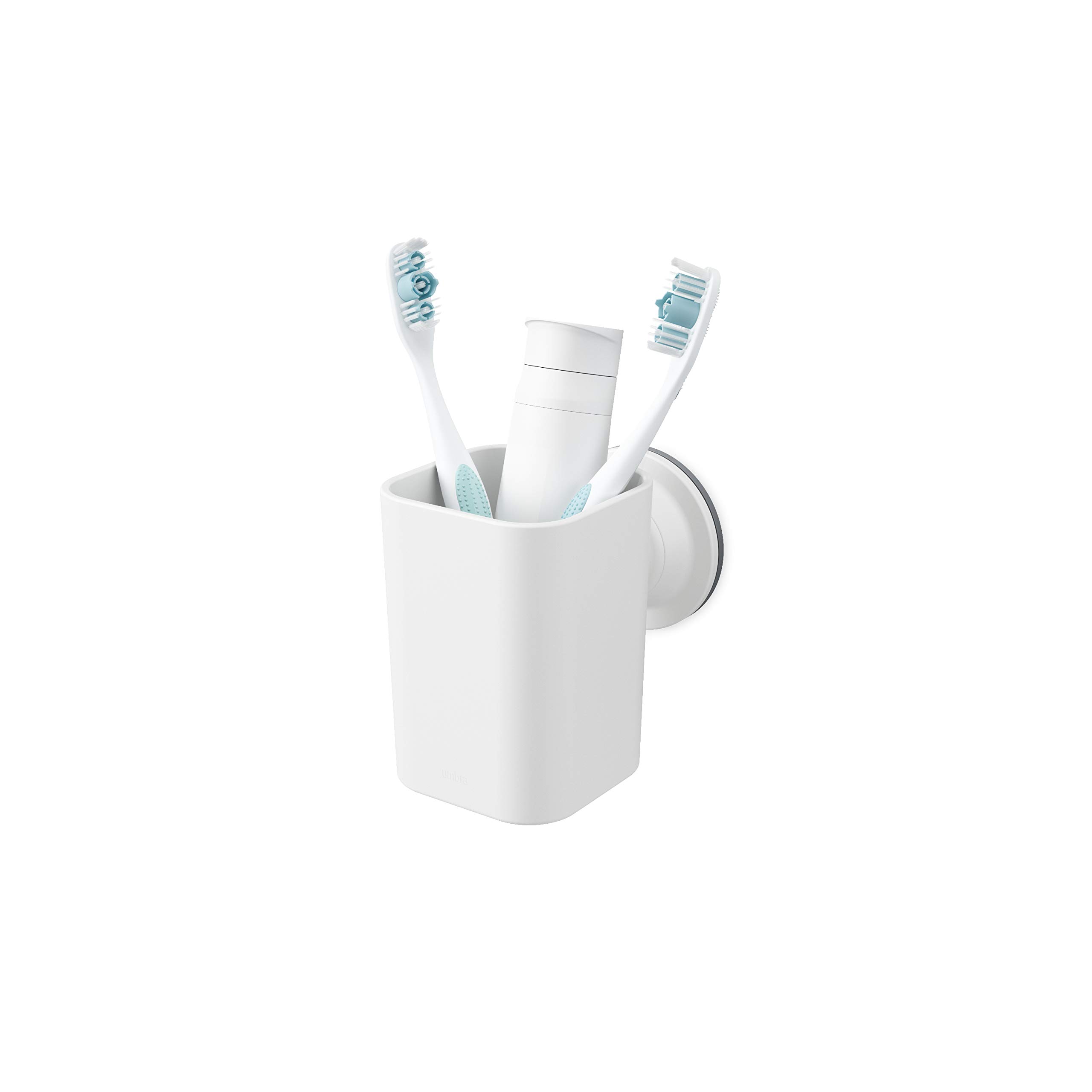 Umbra Flex Sure-Lock Toothbrush Holder, Bathroom Storage Tumbler, Cup for Toothpaste, Combs and Makeup Brushes - Attaches to Glass Panes, Mirrors and Tiles with SureLock Technology, No Drilling, White