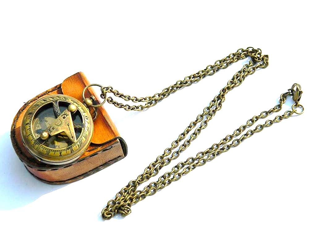 Nautical Replica Hub Necklace Brass Sundial Compass Push Compass with Leather Storage Case.