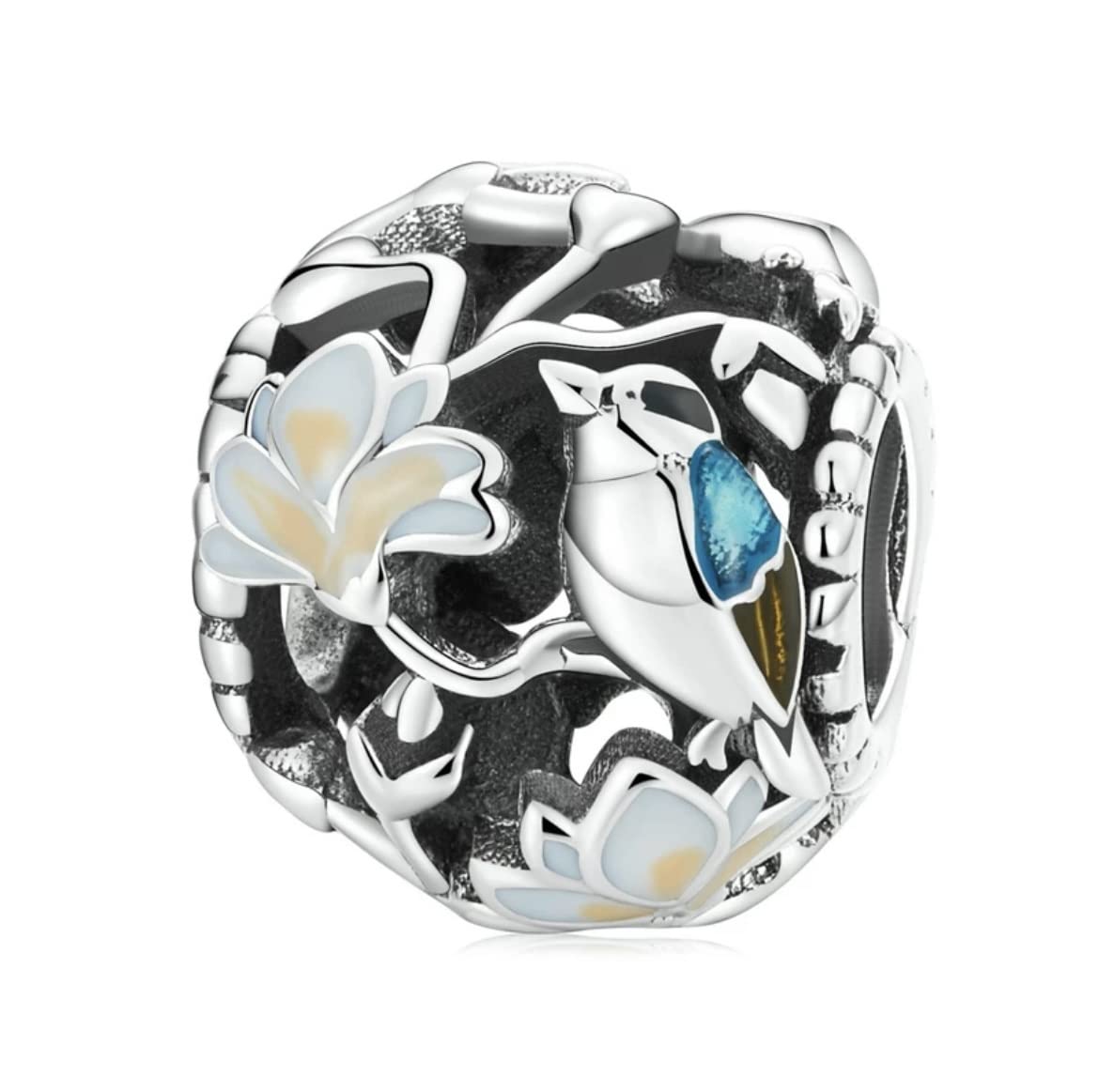 FeatherWish Bird Tree Flower Charm Sterling Silver 925 Love Nature Retro Style Bead Fits And Compatible With Pandora Bracelets Gift For Wife Friend Daughter Sister Mum (Bead)