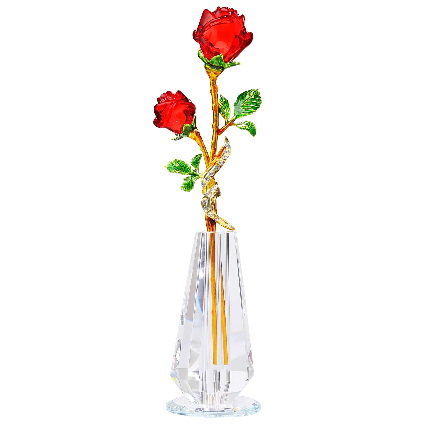 Photo 1 of YWHL Handmade Red Rose Flower Crystal Figurine with Vase, Bouquet Glass Flowers Ornament Rose Gifts for Wife Girlfriend Women, Crystal Flower Home Table Decor for Anniversary Wedding