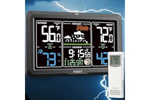 Fokey Weather Station Wireless Indoor Outdoor, Indoor Outdoor Thermometer Wireless Clock, Weather Stations Digital Home Gauge 7.6in Large Display Atomic Clock Temperature Humidity Phase, Black