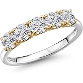 Gem Stone King 1.35 Cttw Lab Grown Diamond 5-Stone Wedding-Bands Ring For Women | 925 Silver and 10K Yellow Gold | Round 4MM | DEF Color | VVS-VS Clarity | Wedding Engagement Anniversary Ring