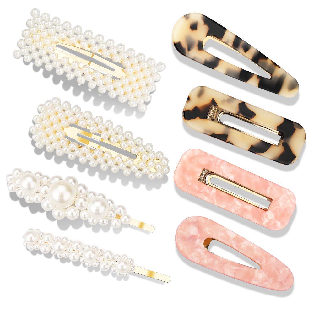 8 Pcs Pearl Hair Clips and Acrylic Resin Hair Barrettes for Women Girls, Large Cute Fashion Elegant Handmade Hairpins Tie Hair Headwear Styling Tools Bling Geometric Hair Accessories for Party Wedding