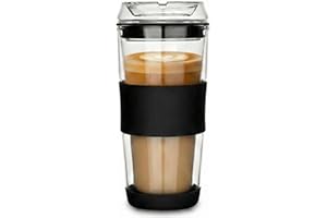 400ml Glass Travel Mug with Full Glass Lid - Double Wall Insulated Coffee Cup - Non-Slip Silicone Sleeve for Car, Commute - R