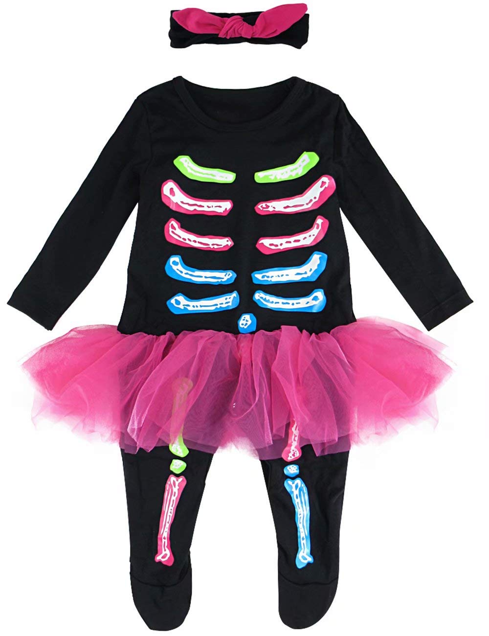 MOMBEBE COSLAND Skeleton Costume Kids Halloween Romper with Headdress for Baby Girls, Black, 12-18 Months