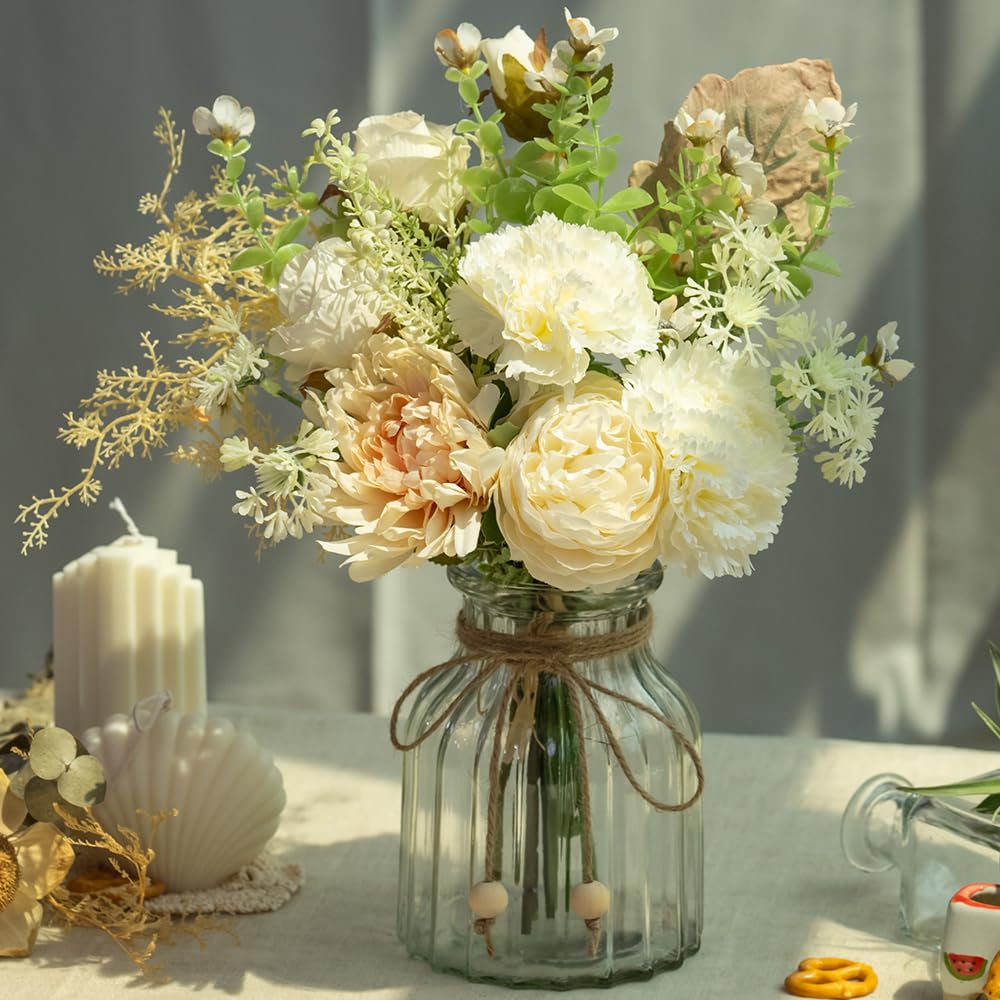 Photo 1 of LESING Fake Artificial Flowers with Vase Faux Silk Flower Bouquet in Glass Vase Rose Floral Arrangements Flower for Home Office Decoration, Dining Table Centerpiece (White)
